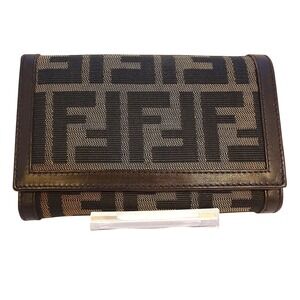 Fendi Zucca Compact Wallet‎ Brown Canvas Leather Trim Bi Fold